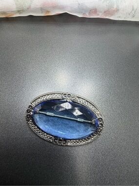 Antique Blue Art Glass Set In Sterling Silver #6STBRO